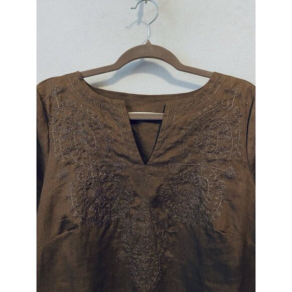 Nikki Valenti Top Womens 14 Brown Embroidered Irish Linen 3/4 Sleeve Boho Beach - Picture 2 of 7